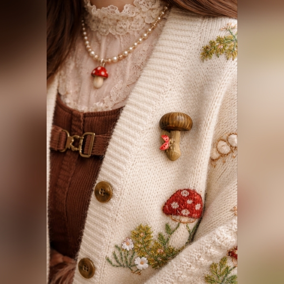 60s Era Rare Brown Mushroom Brooch with Red Ladybug - Picture 2 of 6